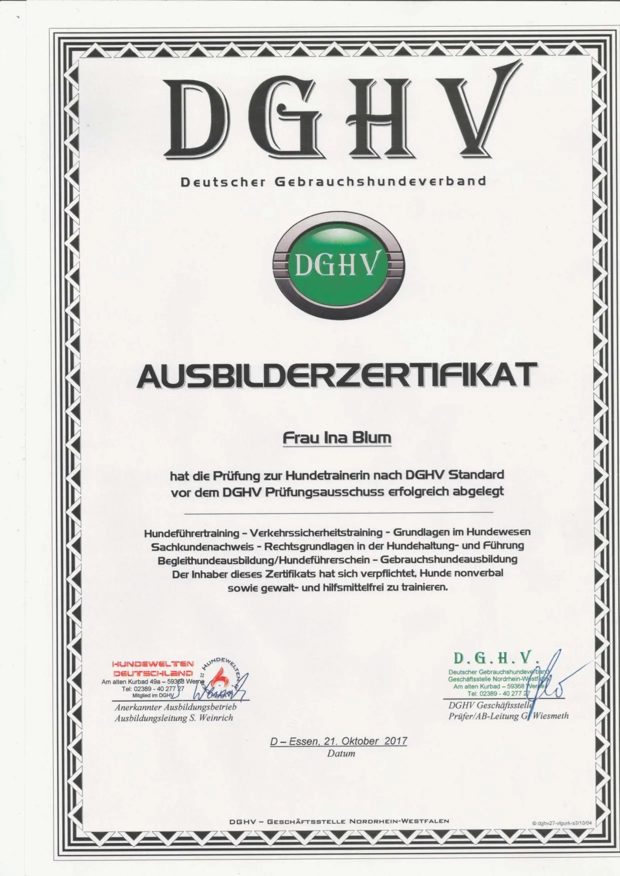 Ausbilderzertifikat Hundetrainerin nach DGHV-Standard, Hundewelten Deutschland (2017)