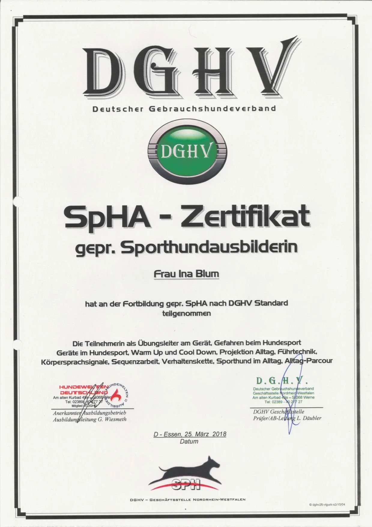 SpHA-Zertifikat geprüfte Sporthundeausbilderin, DGHV und Hundewelten Deutschland (2018)