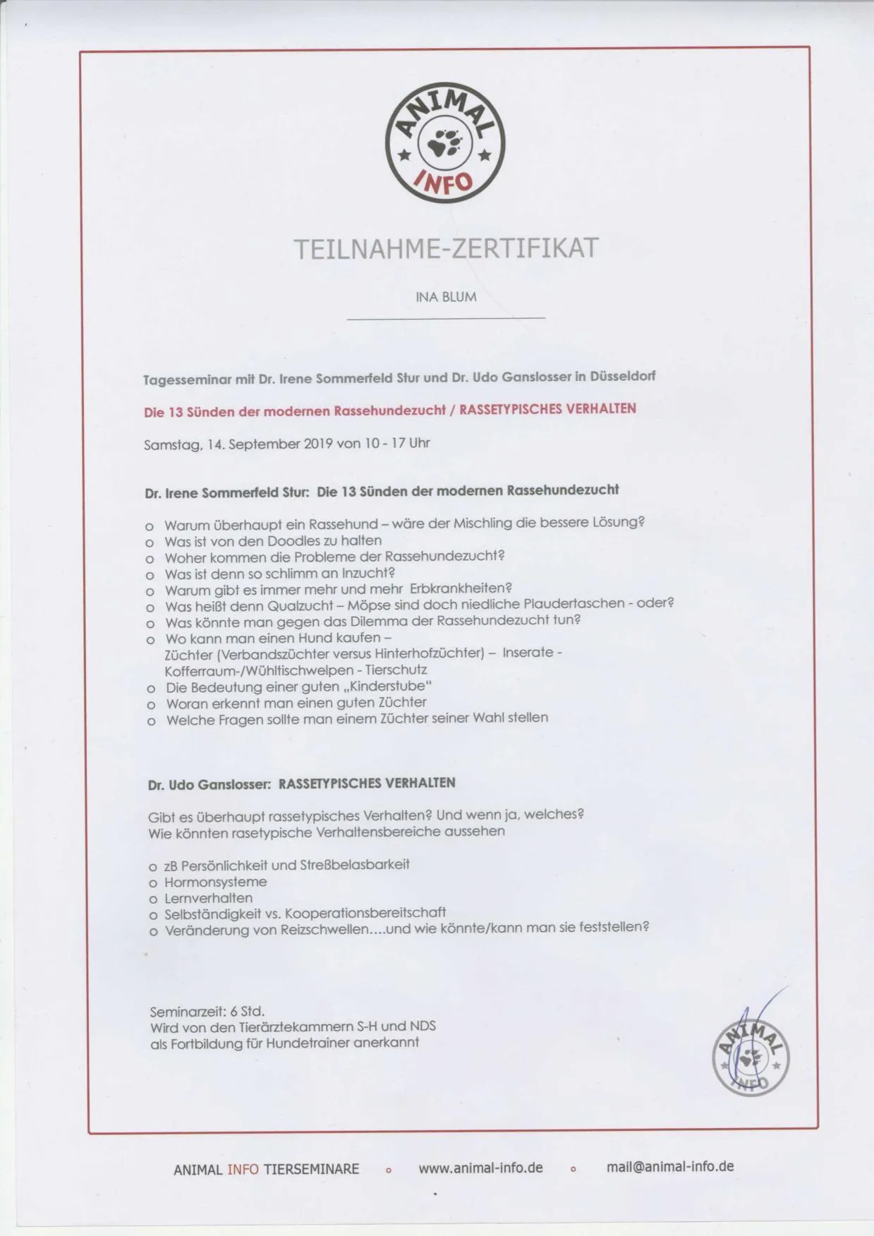 Teilnahme-Zertifikat Seminar „Rassetypisches Verhalten“, Animal Info (2019)