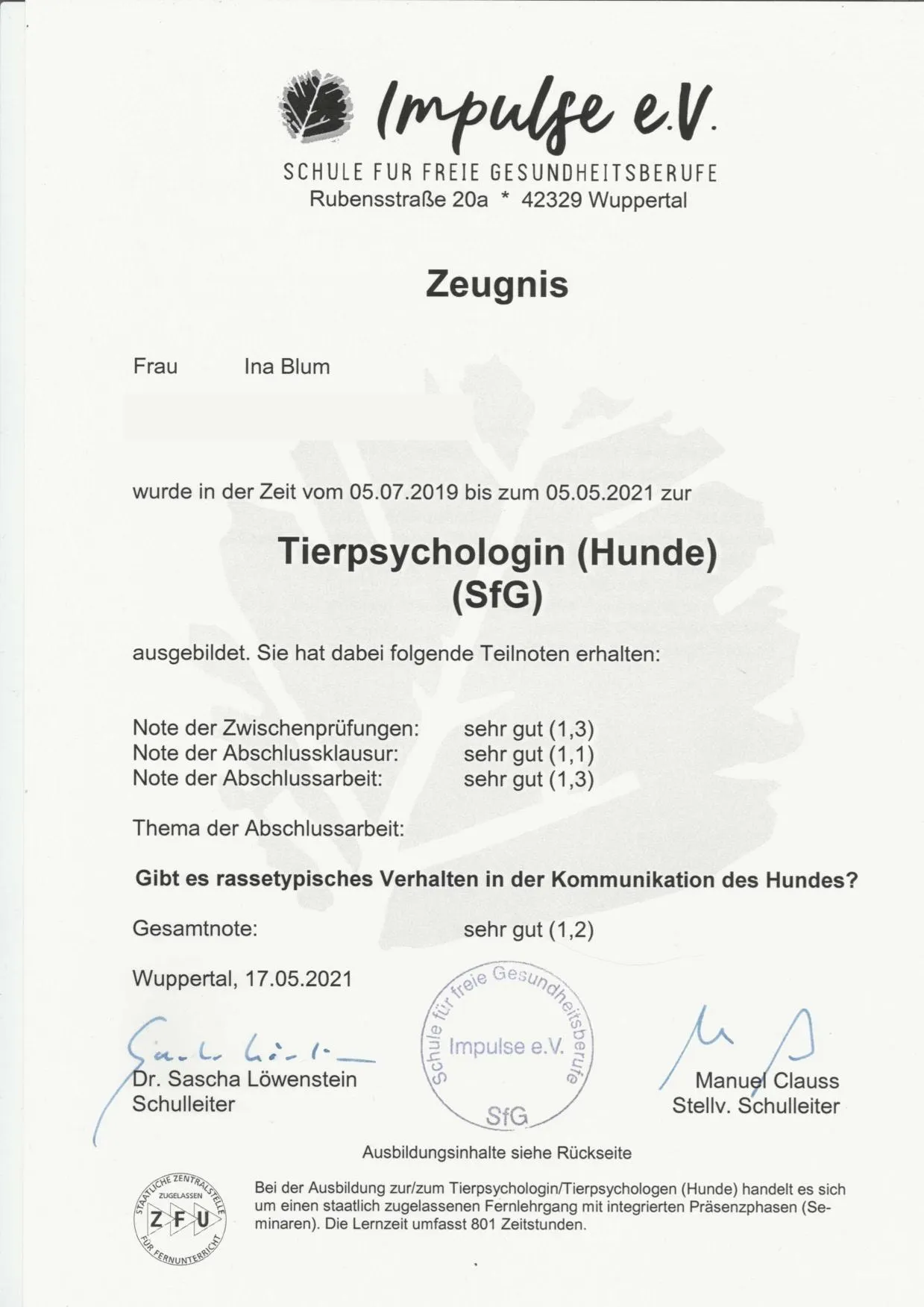Zeugnis Tierpsychologin (Hunde), Impulse e. V., Seite 1 (2021)