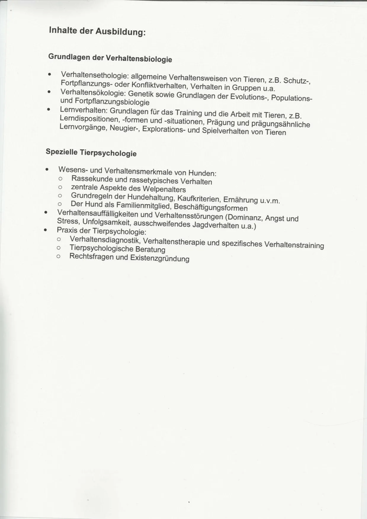 Zeugnis Tierpsychologin (Hunde), Impulse e. V., Seite 2: Inhalte der Ausbildung (2021)